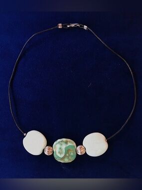 Handmade Ceramic & Sterling Silver Beaded Choker Leather Cord Artisan Necklace